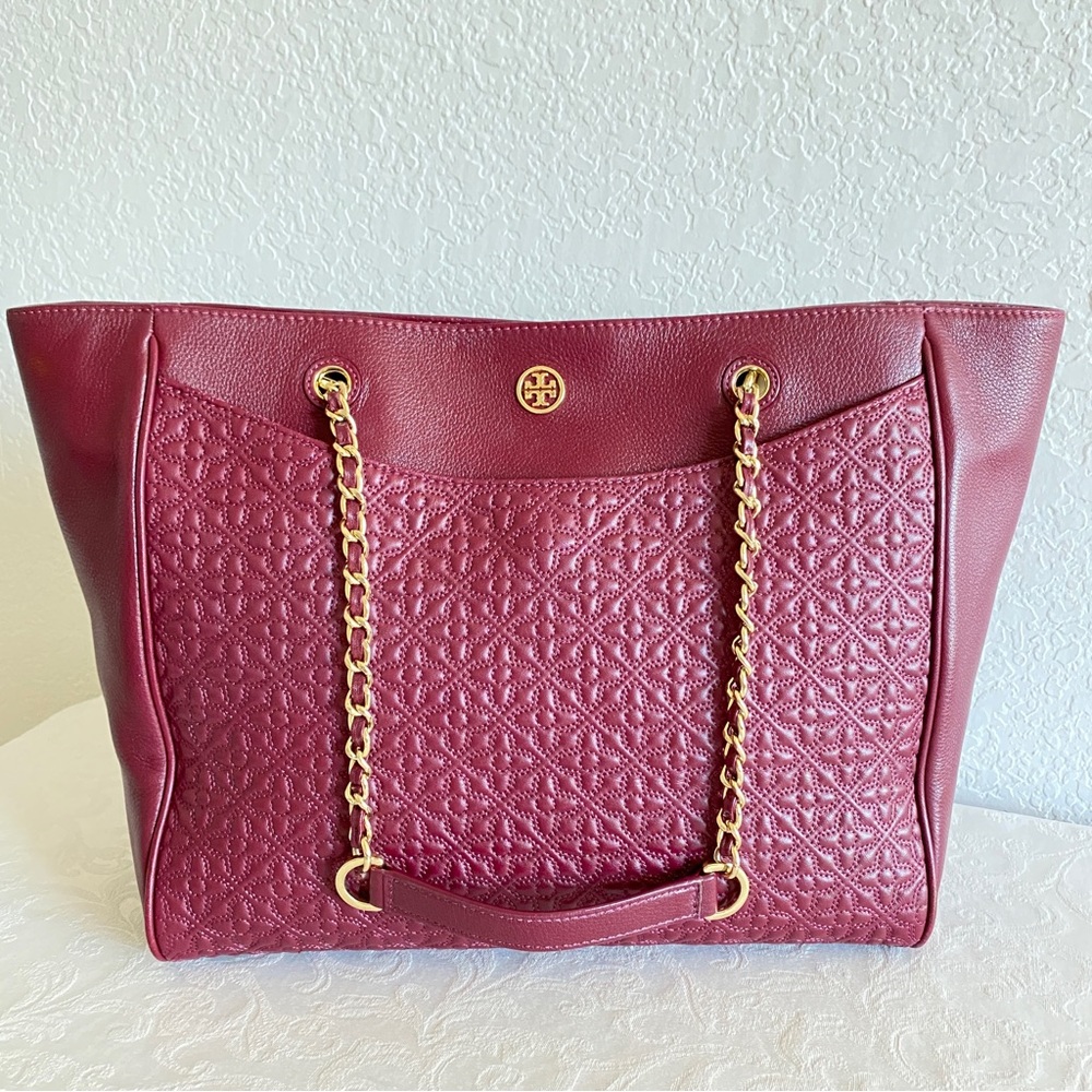 Tory Burch burgundy quilted Bryant chain strap Tote bag - Picture 2 of 11